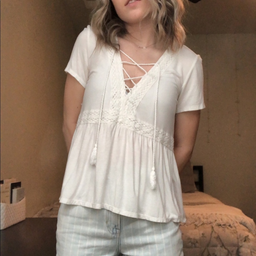 American Eagle White Lace Up Top